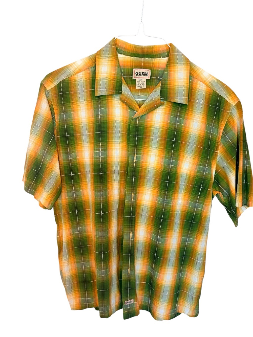 GUESS Green & Yellow Plaid Short Sleeve Button-Down Shirt